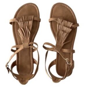 Mossimo Supply Co Boho Fringe T-Strap Sandals Tan Suede Size 8 Ankle Strap